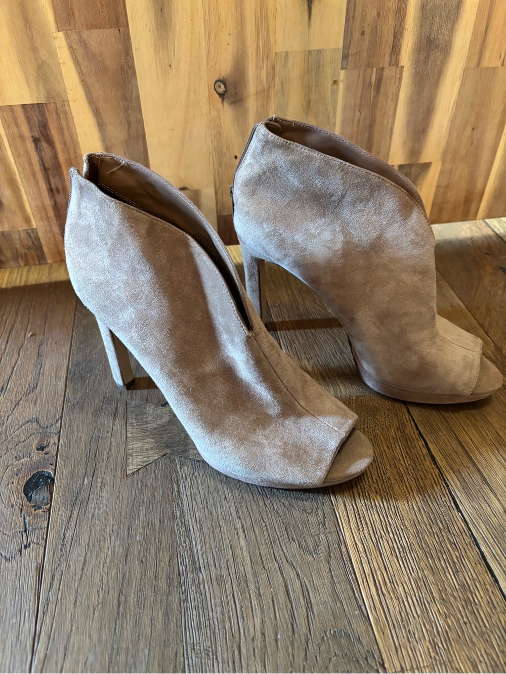 Nine West Tariano Peep-Toe  Suede Ankle Boots - Taupe/Tan